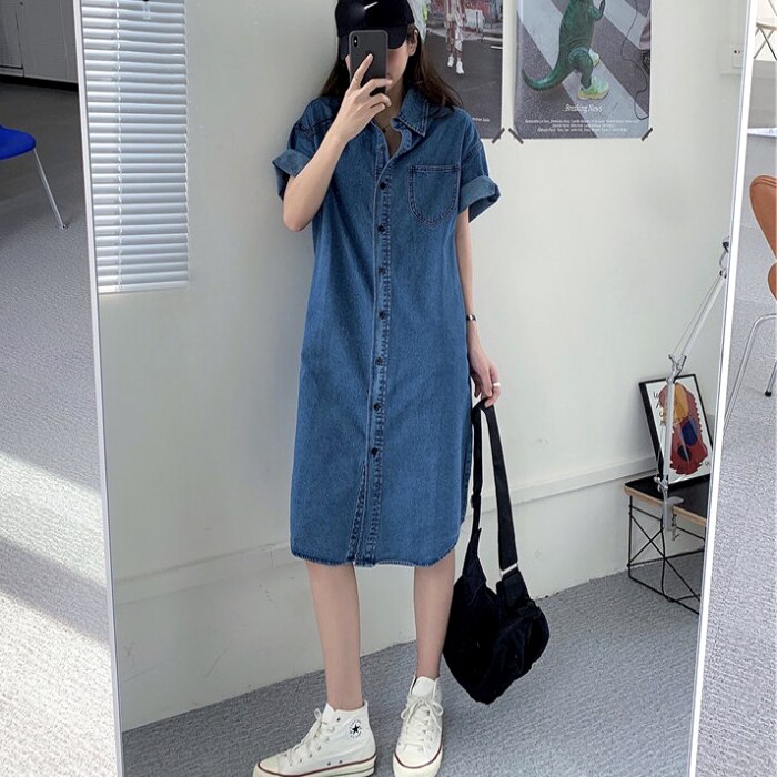 ワンピース レディース シャツワンピース 羽織り ひざ丈 袖あり 半袖 Vネック 襟付き 前開き ミモレ丈 カジュアル シンプル レイヤード 学生 マタニティ ママ 普段使い 韓国 デニムブルー