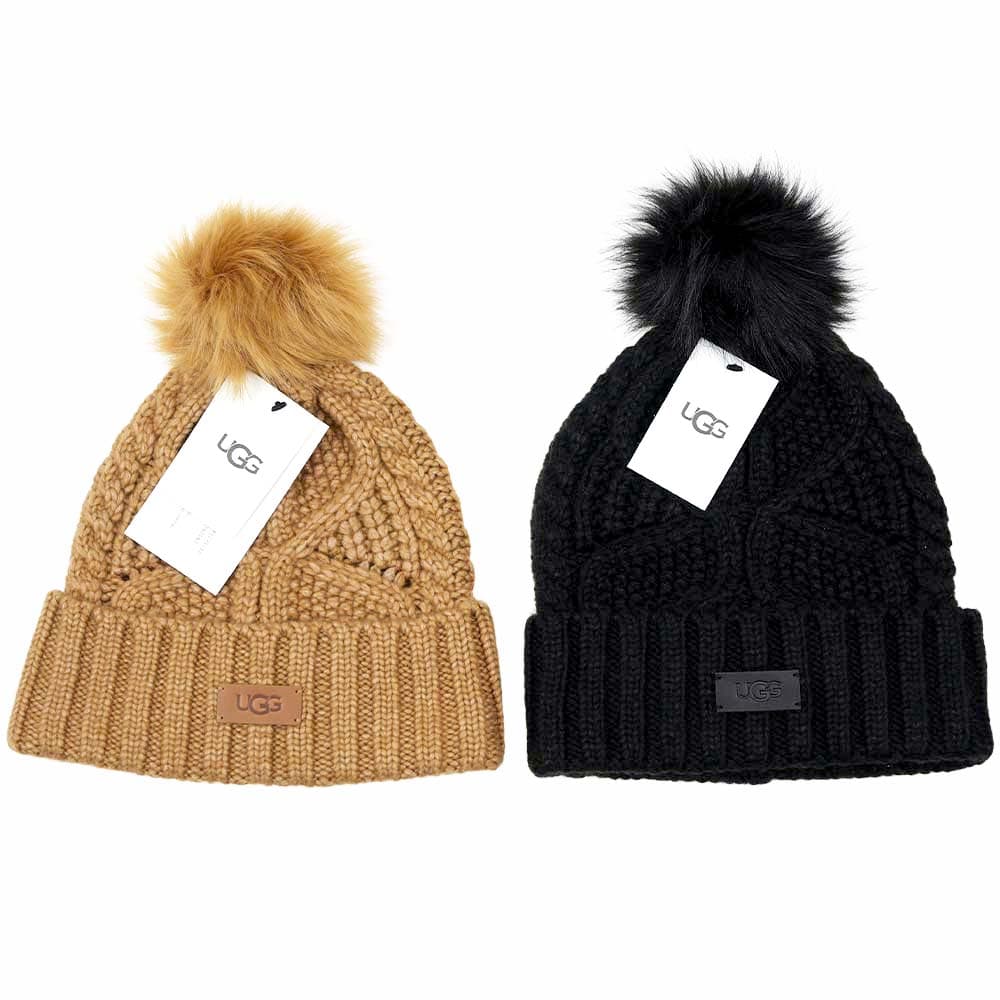 アグ UGG ニット帽 帽子 ハット ブラック チェスナット レディース W Cable Beanie with Pom BLACK CHESTNUT 100819