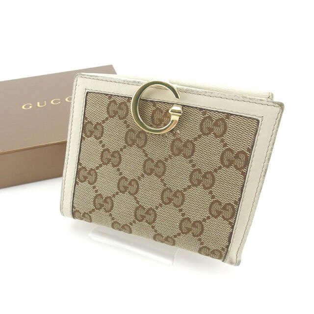 Wホック財布 二つ折り財布 GGキャンバス Gクリップ ベージュ ブラウン ホワイト系 中古 17,837円