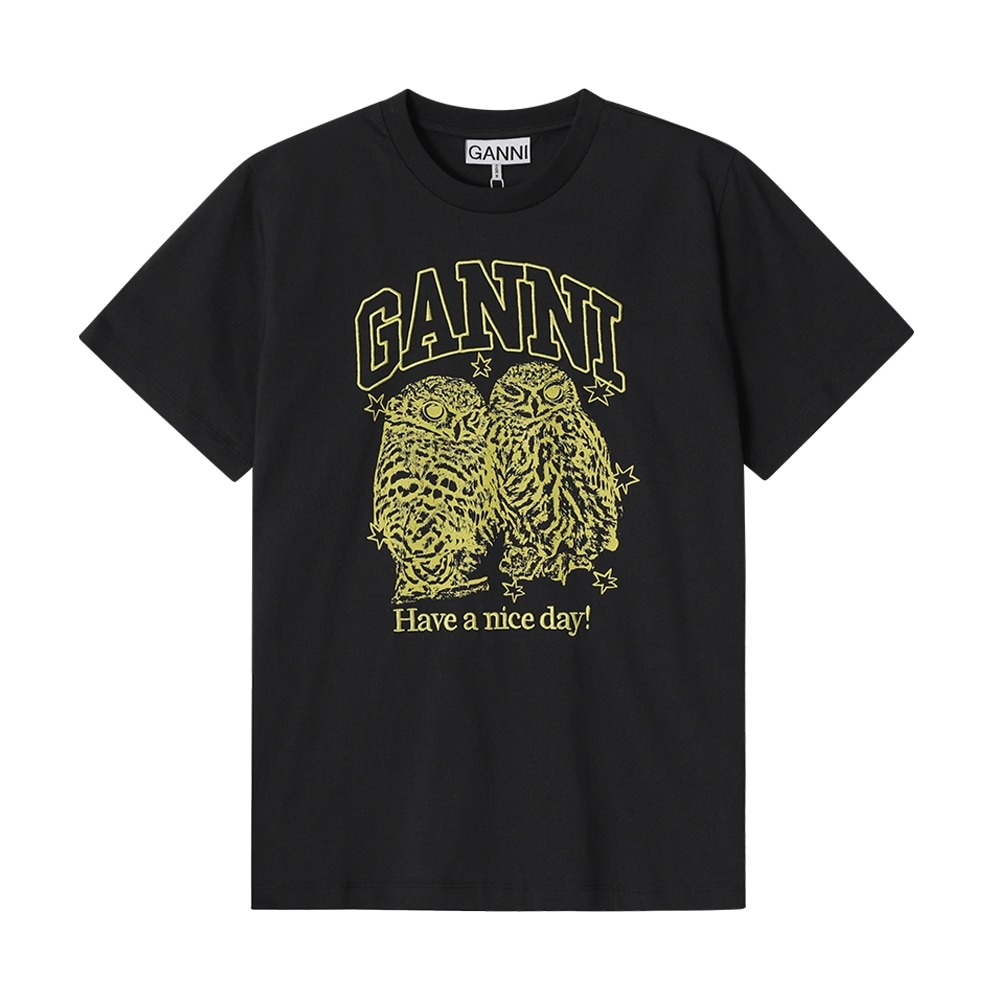 GANNI T4059 252 フクロウロゴプリントレディースショートスリーブ Tシャツ