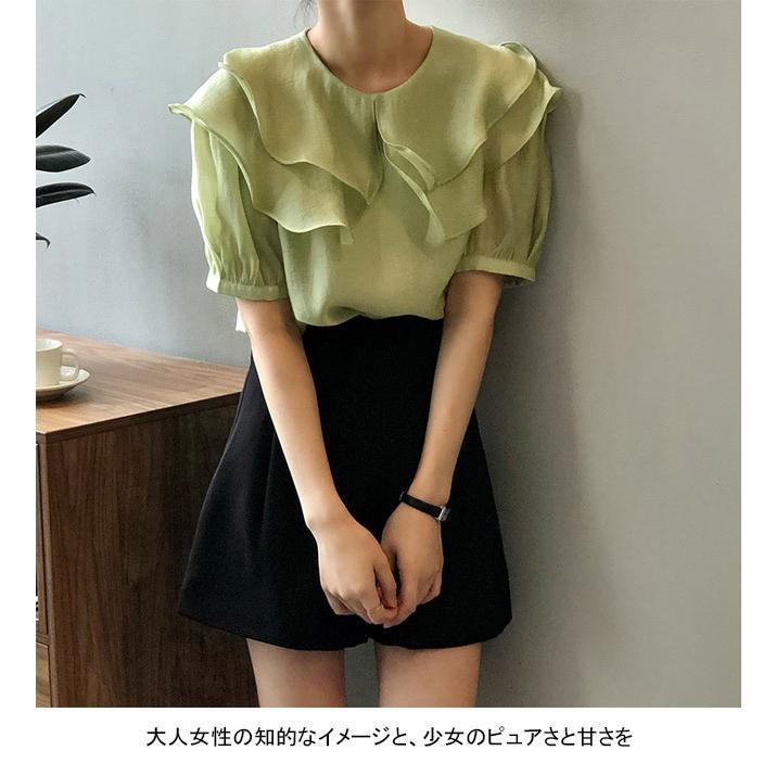半袖ブラウス 夏 レディース ブラウス ワイドカラー フリルブラウス 半袖 パフスリーブ レトロ 半袖Tシャツ サマーブラウス