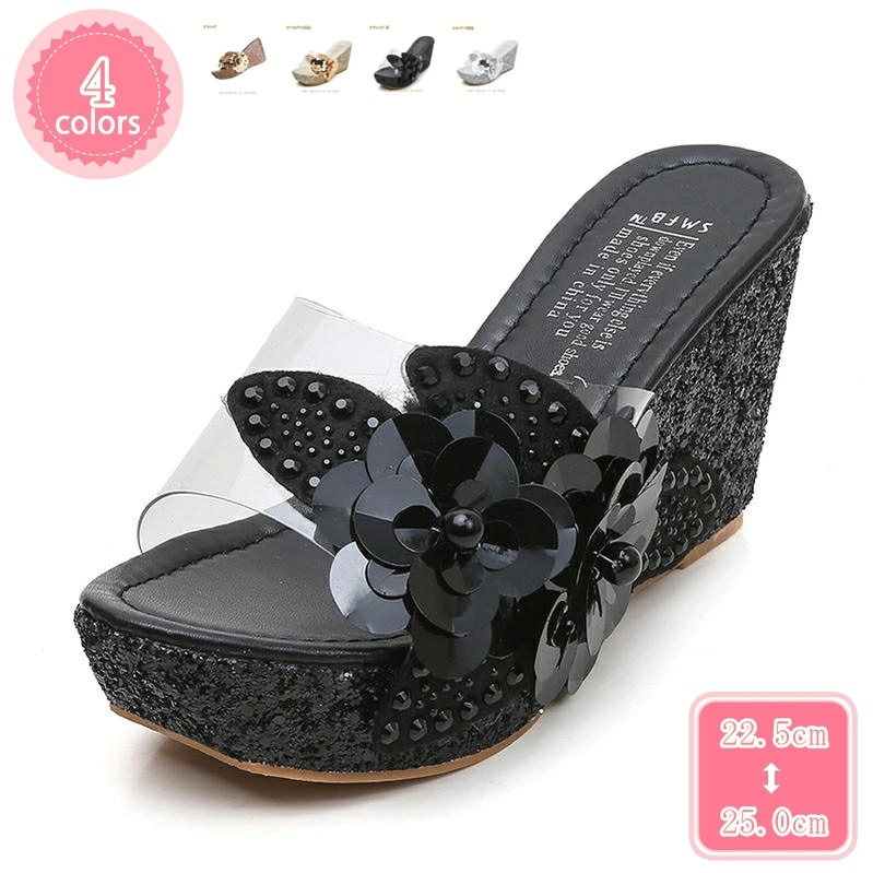 1000円OFFクーポン ハイヒール ミュール サンダル チュール スパンコール ソール 大人可愛い おしゃれ ウェッジサンダル レディース 靴 ヒール シューズ ストーム付き 前厚 美脚 厚底 サン