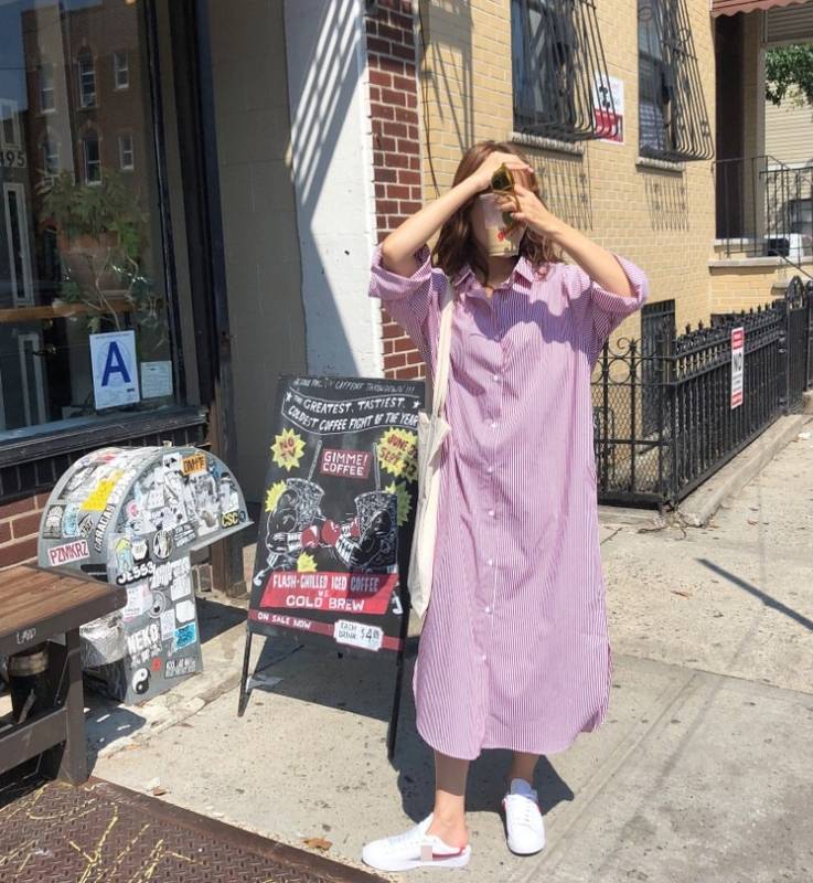 ワンピースドレスシャツワンピお出かけ 青 3色展開 シャツ 体型カバー マタニティー ストライプ マ 長袖 Iライン ロング 春 レディース お散歩 紫 襟付き ワンピース 前開き 開襟 ピンク