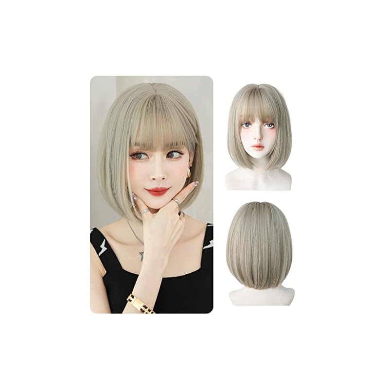 Airimori ボブ ウィッグ ショート フルウィッグ 金髪 かつら ストレート ショートボブ ウィッグ ぱっつん前髪 ウィッグ 自然 日常 カツラ 耐熱 ベージュゴールド