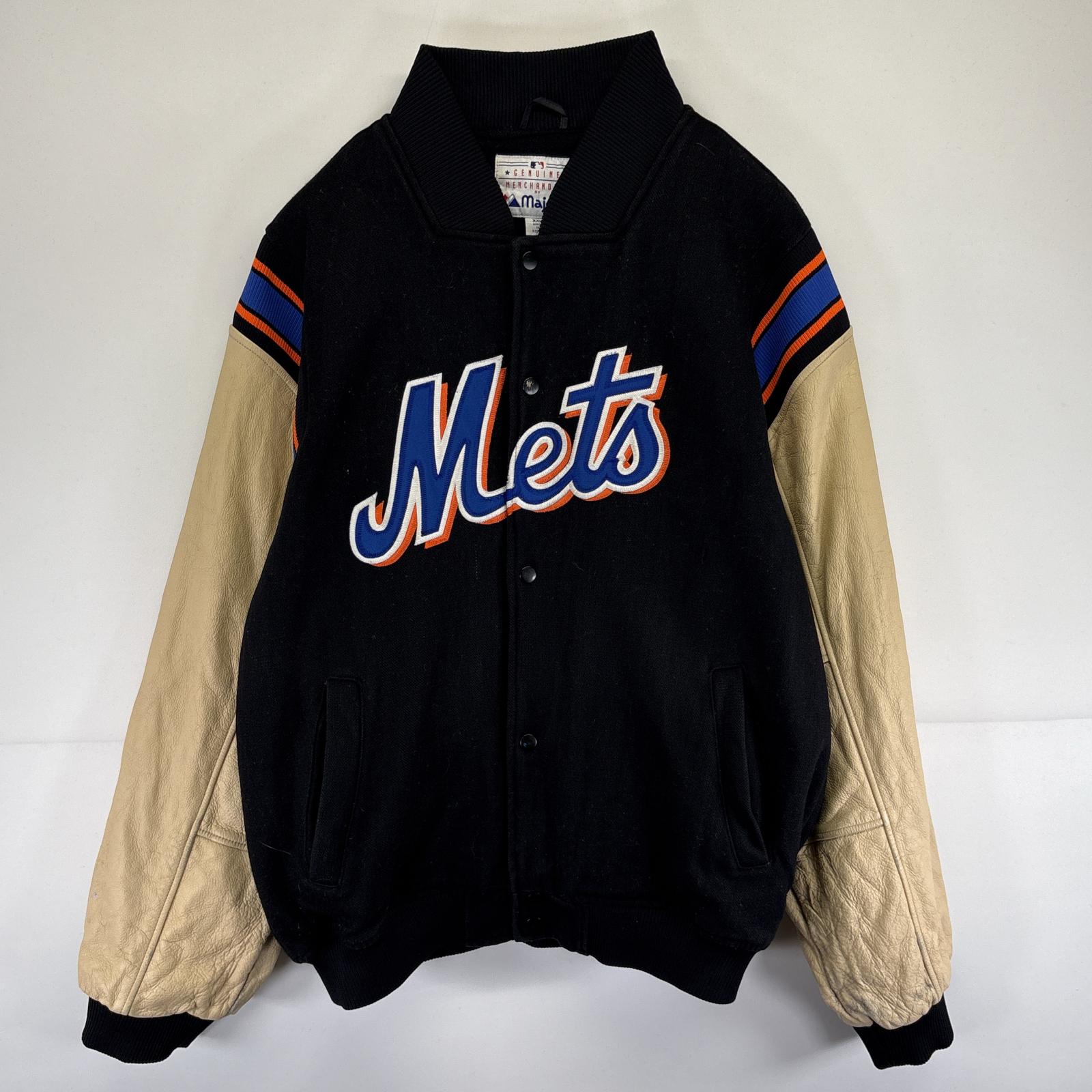 古着 マジェスティック MAJESTIC レザースタジャン アワードジャケット Mets ウール ロゴ刺繍 中綿 大きいサイズ XXL ブラック メンズ