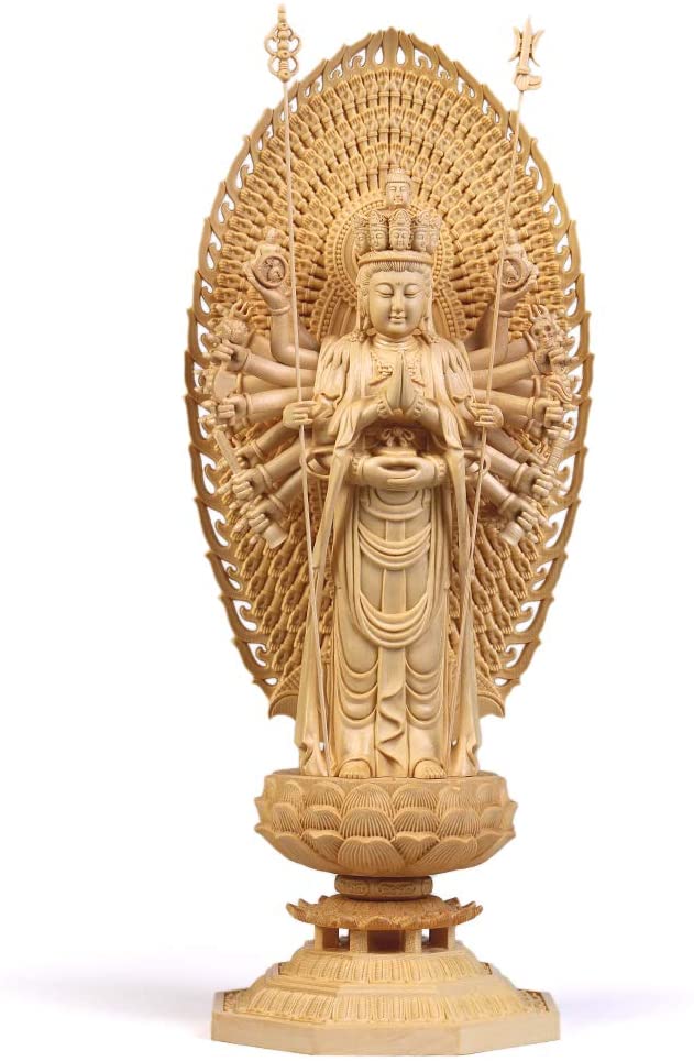 仏像 千手観音菩薩 千手観音菩薩像 檜木 木彫 仏具 (約)高43cm幅14cm奥行14cm