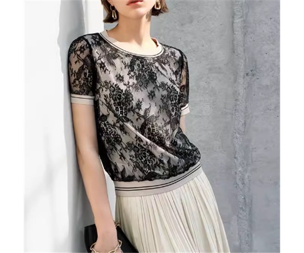 レディース トップス カットソー プルオーバー Tシャツ ミドル丈 半袖 ラウンドネック ストレート ドッキング フェミニン レース かわいい 大人可愛い きれいめ カジュアル 上品 おしゃれ