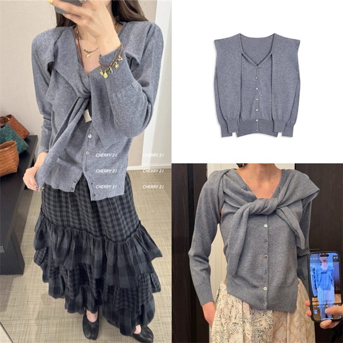 [OPEN YY] SLEEVE LAYERED CARDIGAN, BLUE BLACK BROWN 3色【並行輸入品】