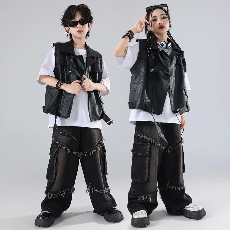 【ファッションデザイン】街舞児童潮クール服ヒップホップ機関車服皮衣男童セットhiphop女児爆街ショーショー衣装