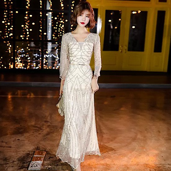 【取寄：納期2週間】結婚式ドレス イブニングドレス レース ウエストマーク 長袖 ラメ入り キラキラ 発表会 演奏会 レディース 結婚式 ステージ衣装 ロング丈 エレガント ウエディングドレス