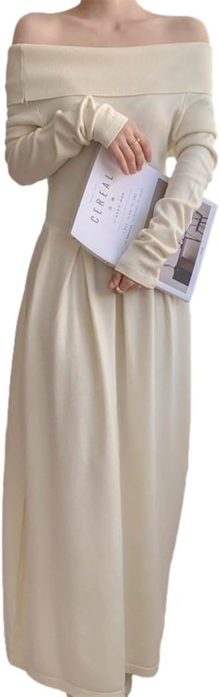 ロングニットワンピース オフショルダー レディース フィット＆フレア ハイウエスト 長袖 ボックスプリーツ コーディネート キレイメ エレガンス レディライク 女性(アイボリー, S)