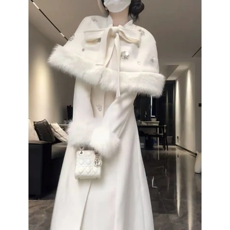 お嬢様風 冬 セットアップ 毛呢 ウエストシェイプ リボンケープ