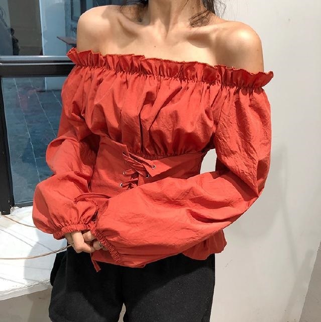 2249.レースアップ　フリル オフショルダーブラウス(オレンジ)　 2019 春夏 新作 大人 かわいい カジュアル きれいめ OL 20代 30代 デート服 女子会