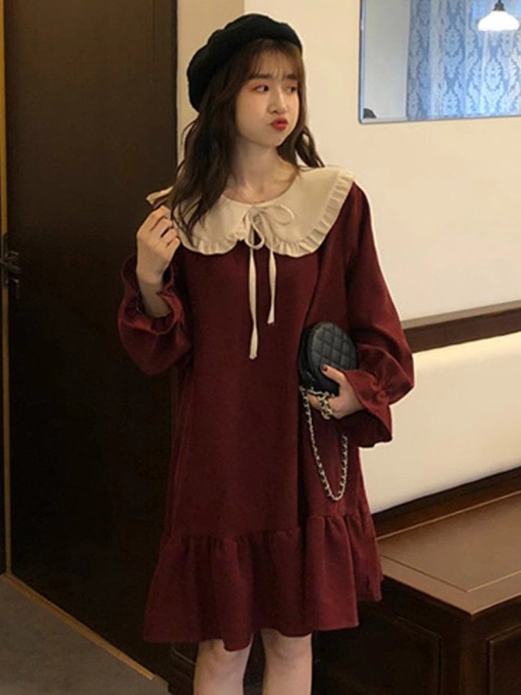 体重 200 ～ 300 ポンドの女性向けのフレンチ スタイルのピーターパン カラーのプラスサイズのドレスゆったりとしたフィット感カジュアルでシックなミディ スカート