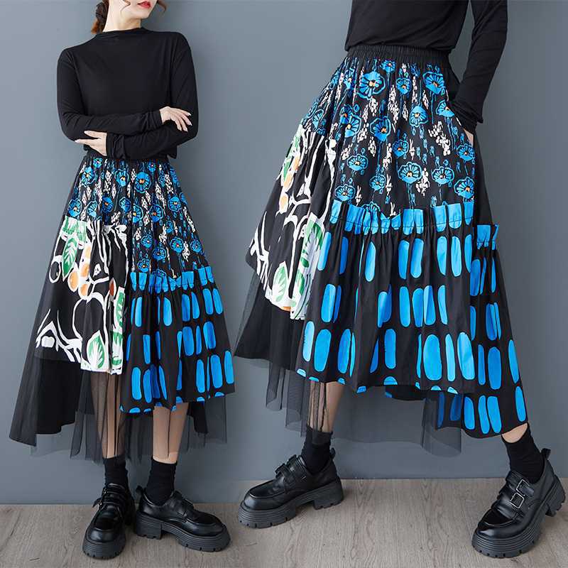 「ファットガール」 2025春 蝶スカート おしゃれ 綺麗 チュールドッキング 大きいサイズ 体型カバー レディース 花柄 スカート メガ割