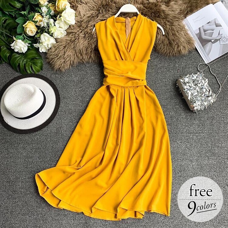 ワンピースレディース大きいサイズ夏きれいめイエローベージュピンクブルーブラックカシュクール