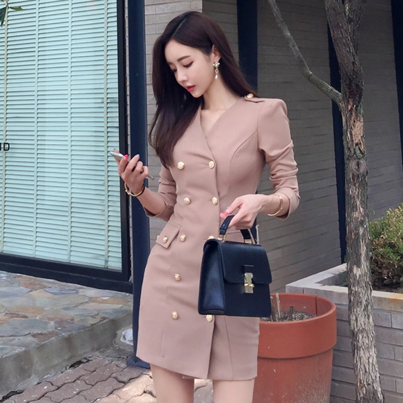 ワンピース レディース タイトワンピース S M L XL 韓国 ベージュ 長袖 無地 スーツワンピース ヌードカラー Vネック ミニ丈 ミニワンピース タイト ボディコンシャス ダブルブレスト 大人