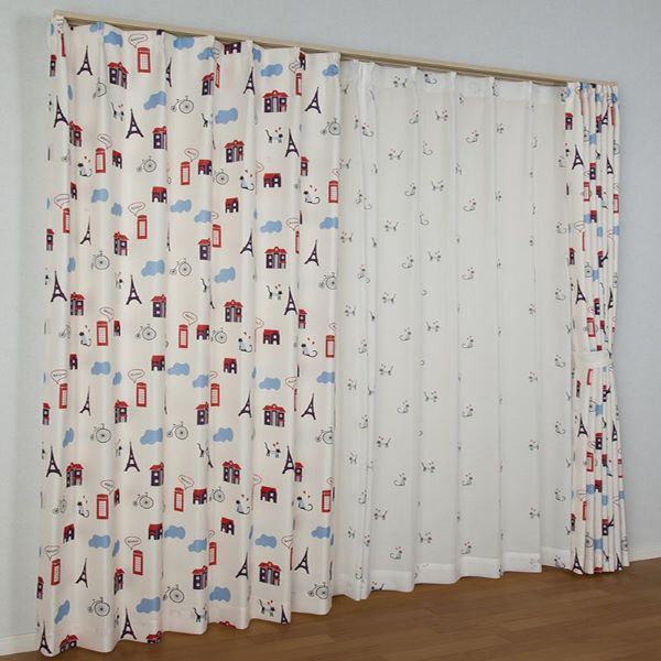 カーテン 4枚セット 約幅100x長さ178cm 猫柄 ドレープ/レースx各2枚 洗える タッセル付き 形状記憶 にゃんゼリーゼ ミックス