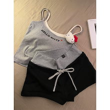 【 迅速な出荷 】サンリオハローキティパジャマレディース夏2枚の胸パッド付きパジャマ女ハローキティ人形ギャルベスト純欲風バイカラーパンツスーツ夏パジャマ