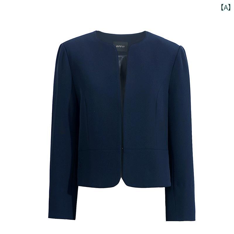 ビジネス　スーツ　ジャケット OFFIY ハイウエスト 小柄な 方でも 着やすい 襟なし ショート トップス ネイビーブルー 通勤 職場 スリミング 小さめ ジャケット スーツ