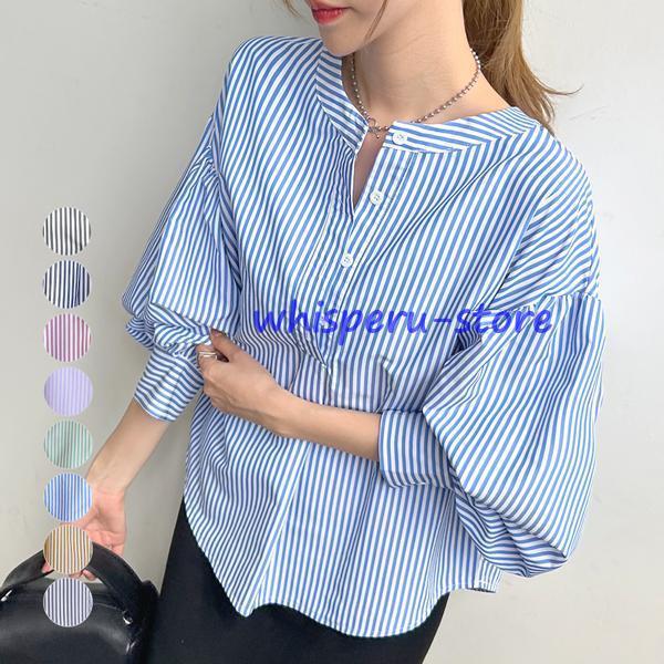 ブラウス ハイネック ボーダー柄 オフィスカジュアル ピンク 韓国 ファッション ストライプ柄バルーンスリーブバンドカラーブラウス