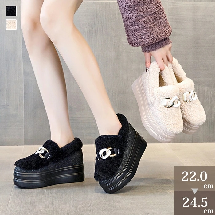 【赤字販売*速達】ムートンブーツ ローファー レディース ベルト キラキラ 厚底靴 8cmヒール インヒール 厚底 もこもこ 裏起毛 靴 ふわふわ とろーり シャギー スノーブーツ 美脚 無地 軽量