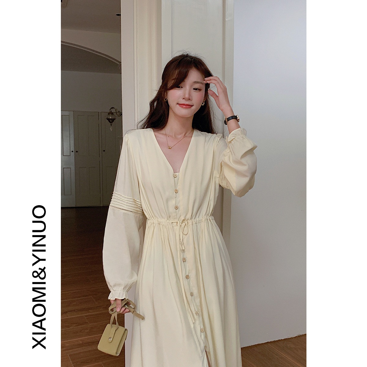 [oufan]雰囲気のあるボタンデザインvネック長袖ドレス2024秋新作ストラップロングスカート2055