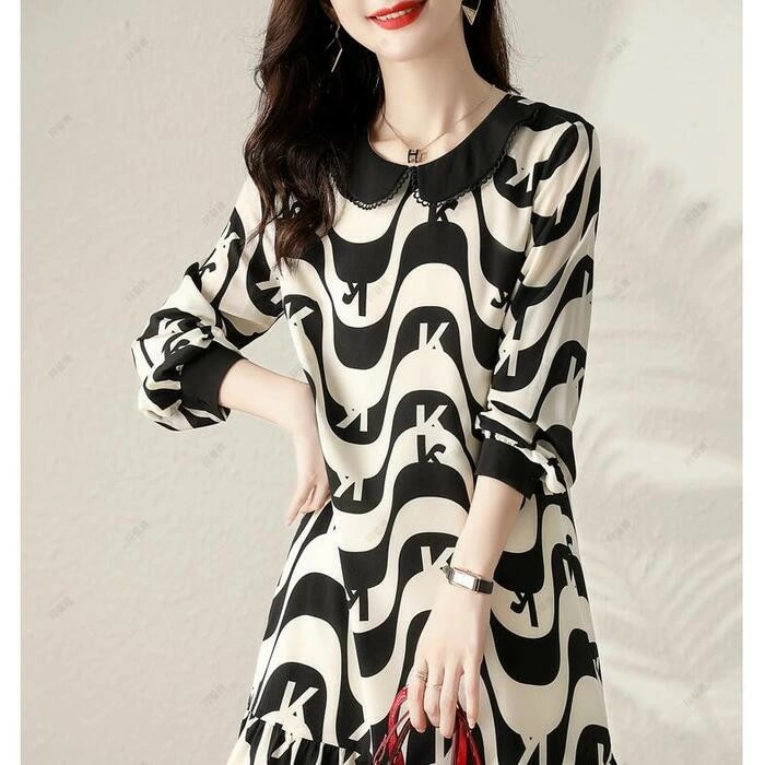 カジュアル Aライン 夏 袖あり レディース エレガント フレア ワンピ 黒 おしゃれ 体型カバー ブラック ドレス ボーダー 長袖 ワンピース 50代 大きいサイズ ミモレ丈 20代 ティアード