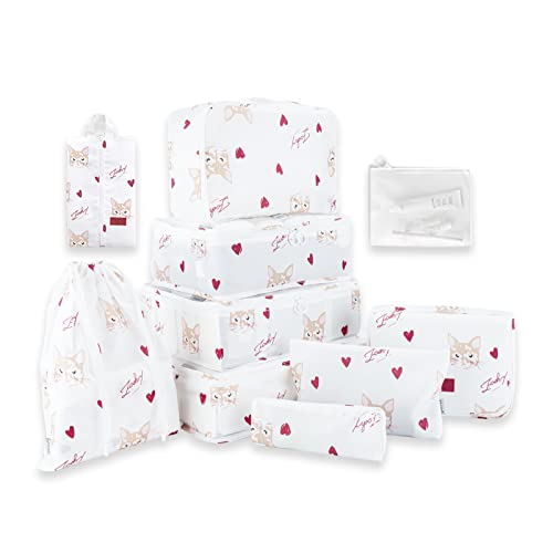 ハート柄 トラベルポーチ アレンジケース 10点セット 猫 収納ポーチ 衣類収納ケース 大容量 防水 巾着袋 軽量 旅行 出張 衣類 靴