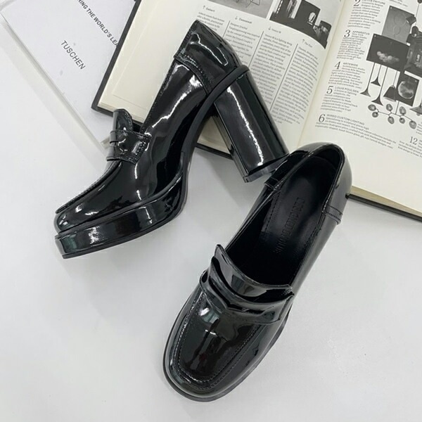 コインローファー スクエアトゥ ストーム レディース チャンキーヒール 黒 ブラック おじ靴 革靴 7,813円