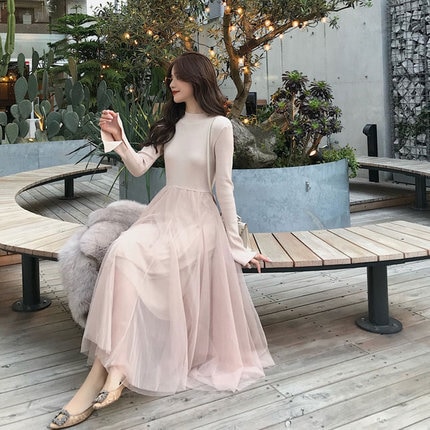 ワンピース フレアワンピース 膝下 ミモレ ミモレ丈 袖あり 長袖 ラウンドネック フレア セミフレア Aライン チュール 大人可愛い きれいめ 大人 上品 おしゃれ お洒落 レトロ 大人女子