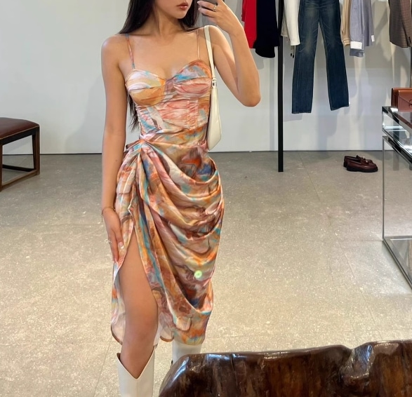 レディース ワンピース キャミソール ドレス ロング ノースリーブ アシンメトリー ドレープ フェミニン タック シフォン サイドスリット ハイウエスト 大人可愛い カジュアル おしゃれ レトロ