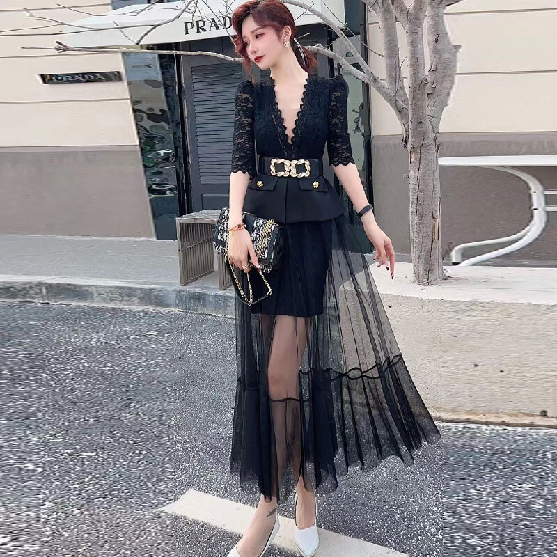 ドレス ワンピース パーティー 二次会 発表会 ステージ 舞台 ダンス 衣装 コスプレ コスチューム ロング 5分袖 Vネック フレア 刺繍 チュール ベルト ウエストマーク 切り替えデザイン