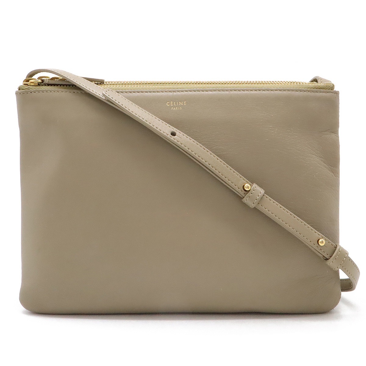 トリオ ラージ ショルダーバッグ ポシェット 斜め掛け ポーチ ラムスキン レザー グレージュ ゴールド金具 17145