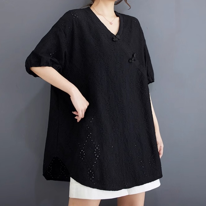 レディース トップス シャツ ブラウス プルオーバー 半袖 5分袖 チャイナ Vネック ワイド レース レースアップ 透け感 異国風 ボタン 薄手 かわいい 大人可愛い きれいめ シンプル カジュアル 5,621円