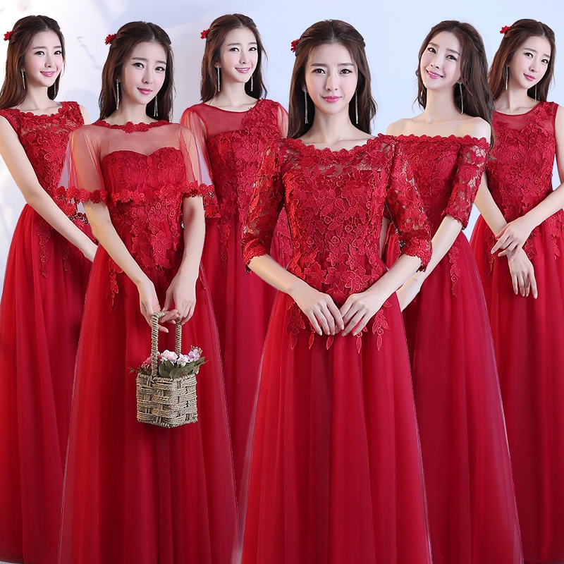 結婚式 レース 6デザイン ブライズメイドドレス フォーマルドレス お揃いドレス二次会 LONG コーラス 赤 DRESS Aライン マキシ丈ロング丈ドレス ゲストドレス フレア ブライダル ワンピードレス