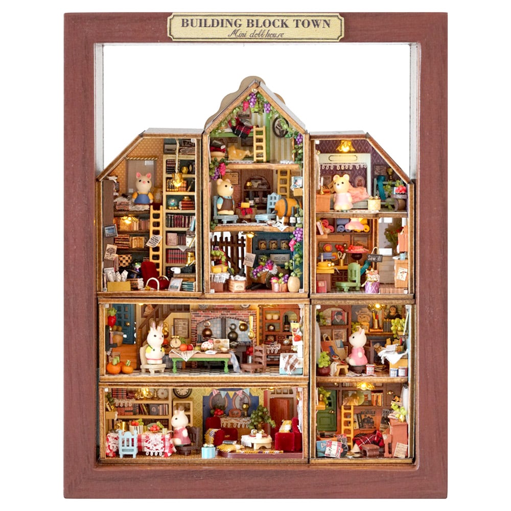ドールハウス ミニチュア 手作りキット セット6種+専用 アクリルケース+紙パーツ（シール） セット 自由に 並べて 重ねて くま 猫 うさぎ の カラフル な 街 オレンジ 前面を取り外しできる L