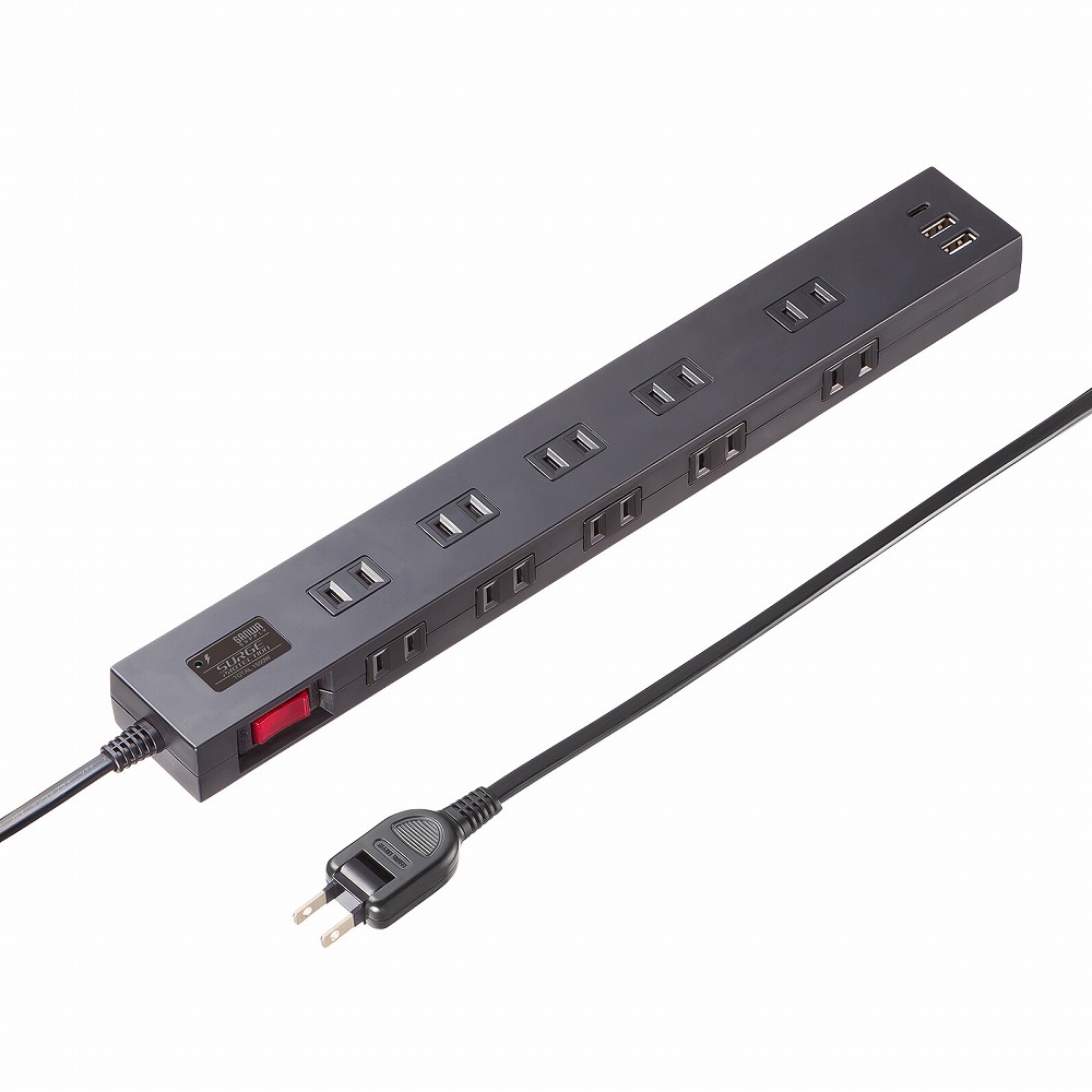 サンワサプライ 雷タップ 10個口＋USB-A＋Type-C（PD20W）ブラック・3m TAPSP2110NUC3BK