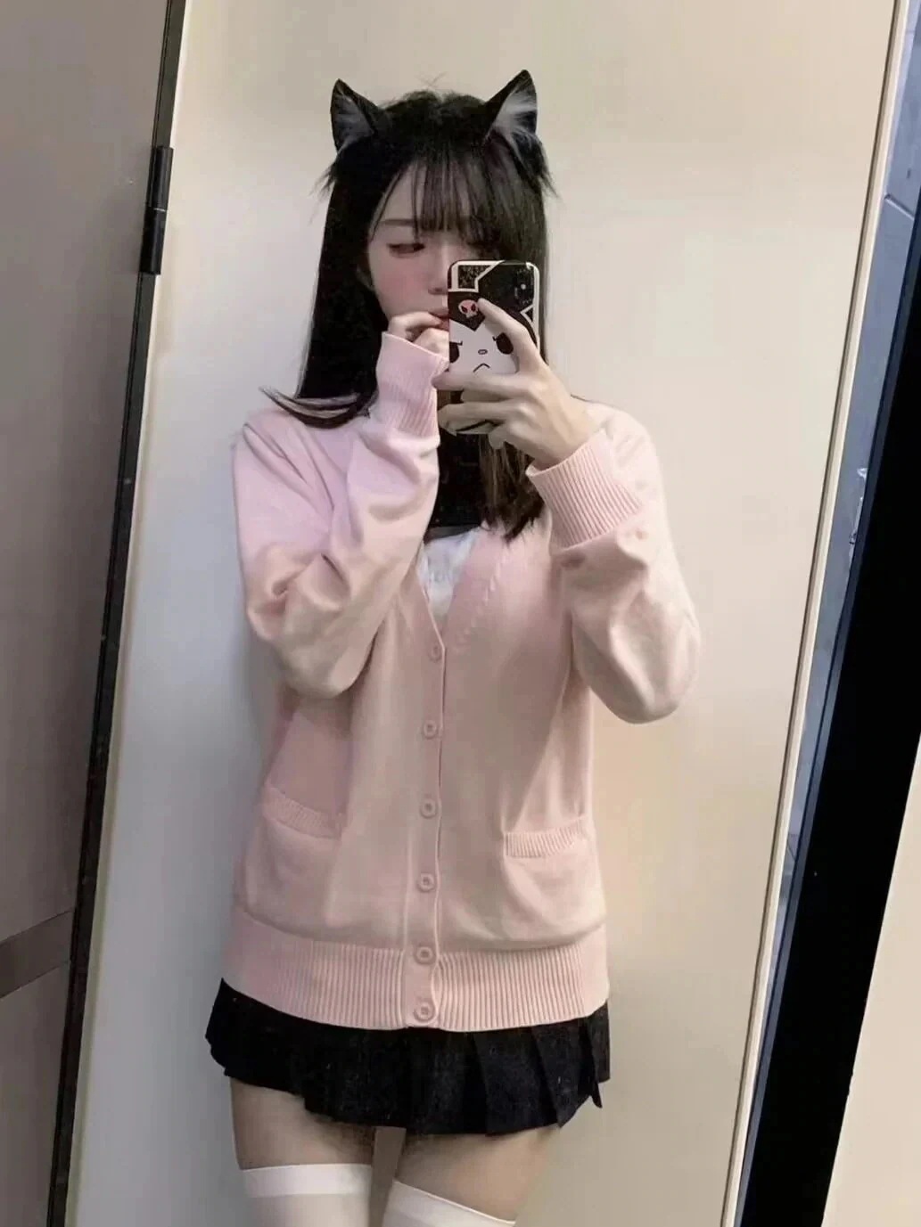 セットアップ 韓国ファッション ミントピンクのカーディガンコートセーター女日系制服重ね着学校供給感ゆったりニット長袖トップス