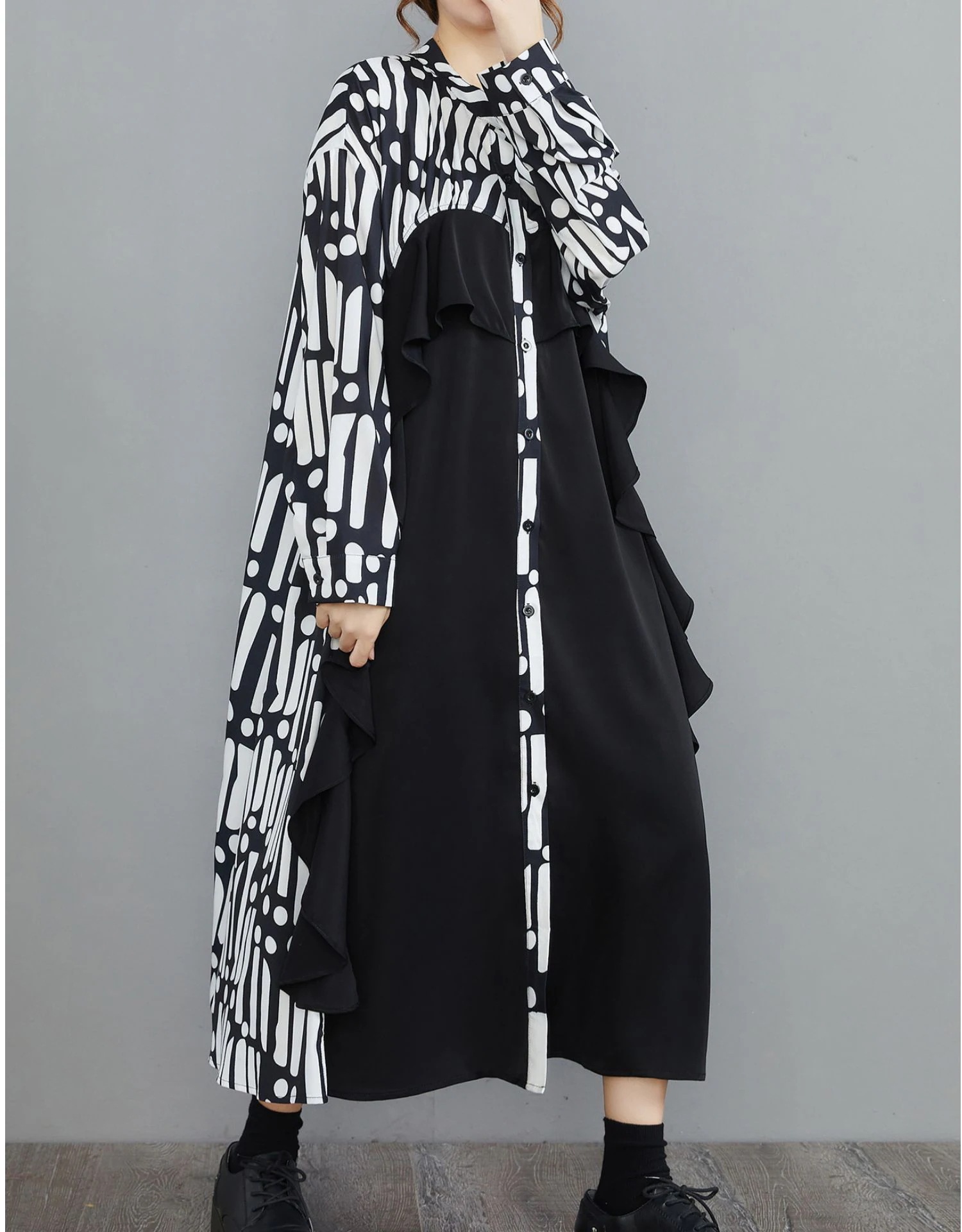 ワンピースフリルのパッチワーク長袖ワンピースゆったり着やせロングスカート大きいサイズ レディース福袋