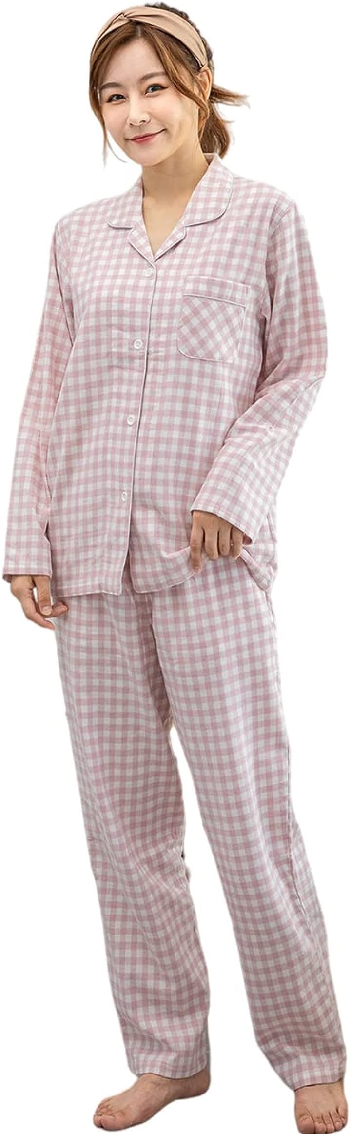 レディース パジャマ ネルパジャマ 綿 100% 冬秋春用 フランネル 上下セット ルームウェア 部屋着 長袖 コットン 前開き チェック柄( ピンク, L)