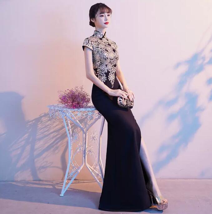 【当店人気商品】レディースドレス ロングワンピース 上品 スリットワンピース 新着 女性 エレガント パーティードレス ロングドレス フィッシュテール/Aライン 2タイプ 中国風 立ち襟 着やせ ノー