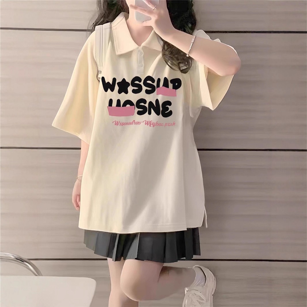 【1点ご購入 で10点プレゼントいたします】学院風ポロシャツ半袖Tシャツ女性アンズカラー開襟中学校高校ゆったり綿の上着