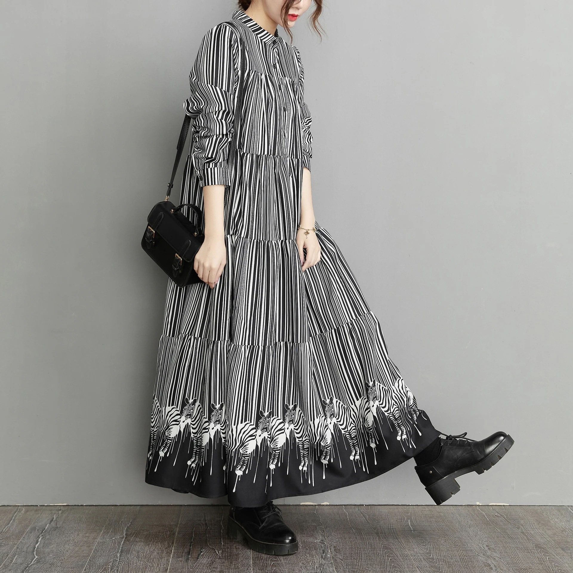 「ファットガール」 秋 ロングワンピース レトロ ドッキング ボーダー 大きいサイズ 体型カバー レディース ワンピース30%までに制限