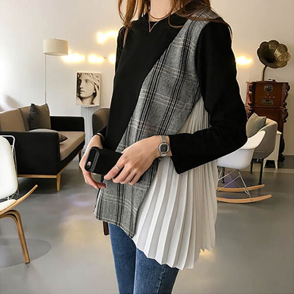 カットソー 即納 トップス M XL 5L 黒 グレー 異素材MIX ブラウス チェック プリーツ 長袖 97340886 Tシャツ レディース 大人可愛い 韓国ファッション