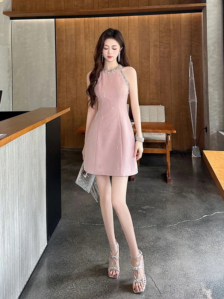 ノースリーブ ダイヤモンド飾り ショートワンピ ドレス パーティー 着痩せ 大人 お呼ばれ 同窓会 披露宴 卒業式 結婚式 ウェディング 二次会 成人式