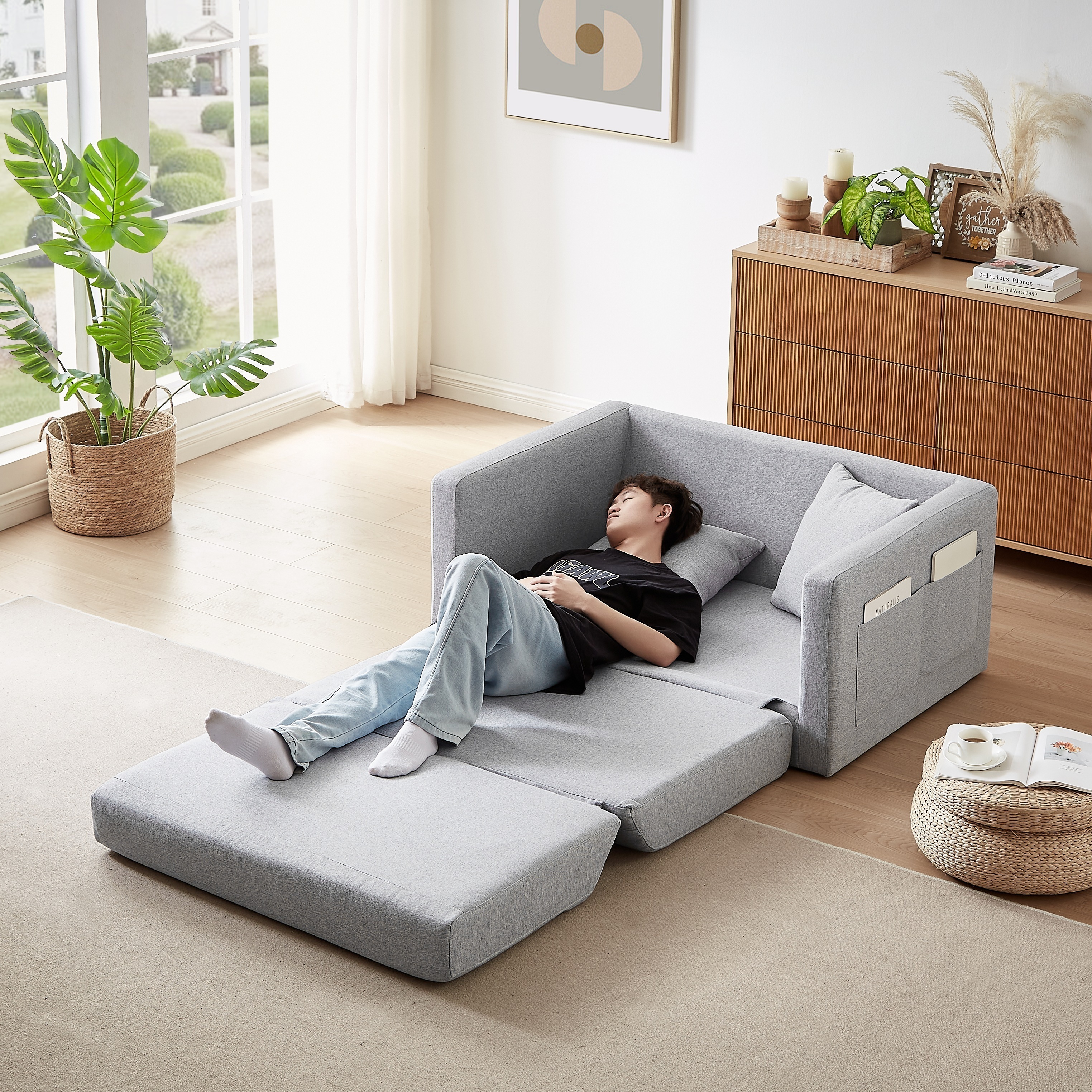 2 seater sofa ソファ 2人掛け 収納付き ファブリック 両側に肘掛け付き 木脚外し可能 ローソファ コンパクト ひとり暮らし カウチソファー W1082P151240【限定販売】