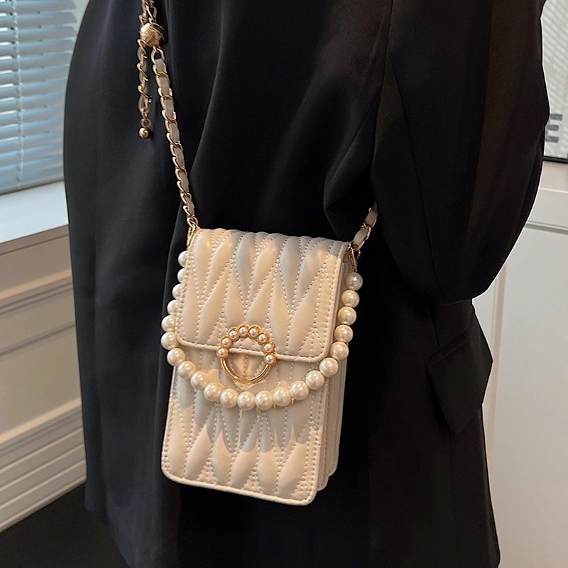 スマホポーチ携帯電話バッグ女性2025新しい百ミニバッグパールチェーンクロスボディバッグ
