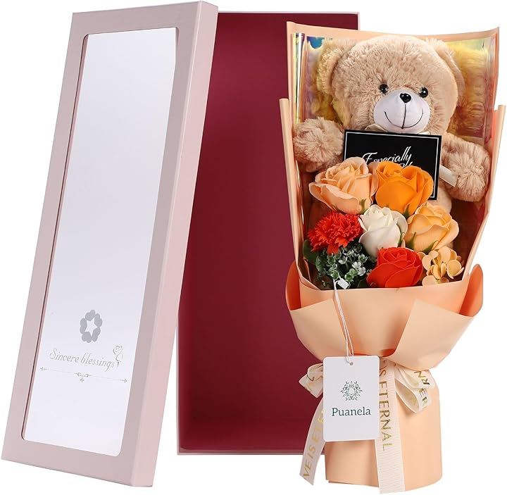 フラワーデザイナー推奨ソープフラワー 花束 ギフト くま 誕生日 発表会 母の日 退職 敬老の日 クリスマス プレゼント 造花(プリン, 大)