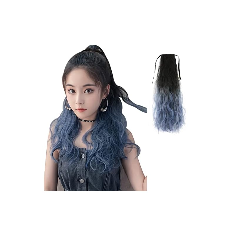 レディース リボン式 ポニーテール ウィッグ つけ毛 ロング カール ヘア エクステ ポイントウィッグ ウェイビー (ブルー, 55cm)